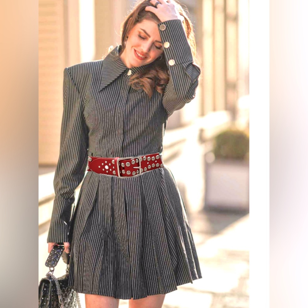 Linea Pelle Red Leather Silver Studded Belt - Picture 2 of 12